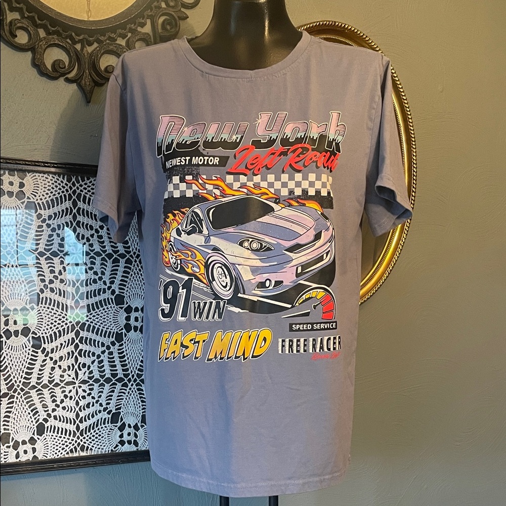 Romwe Shirt Men's med New York Left Road ‘91 Win Fast Mind Blue Short Sleeve